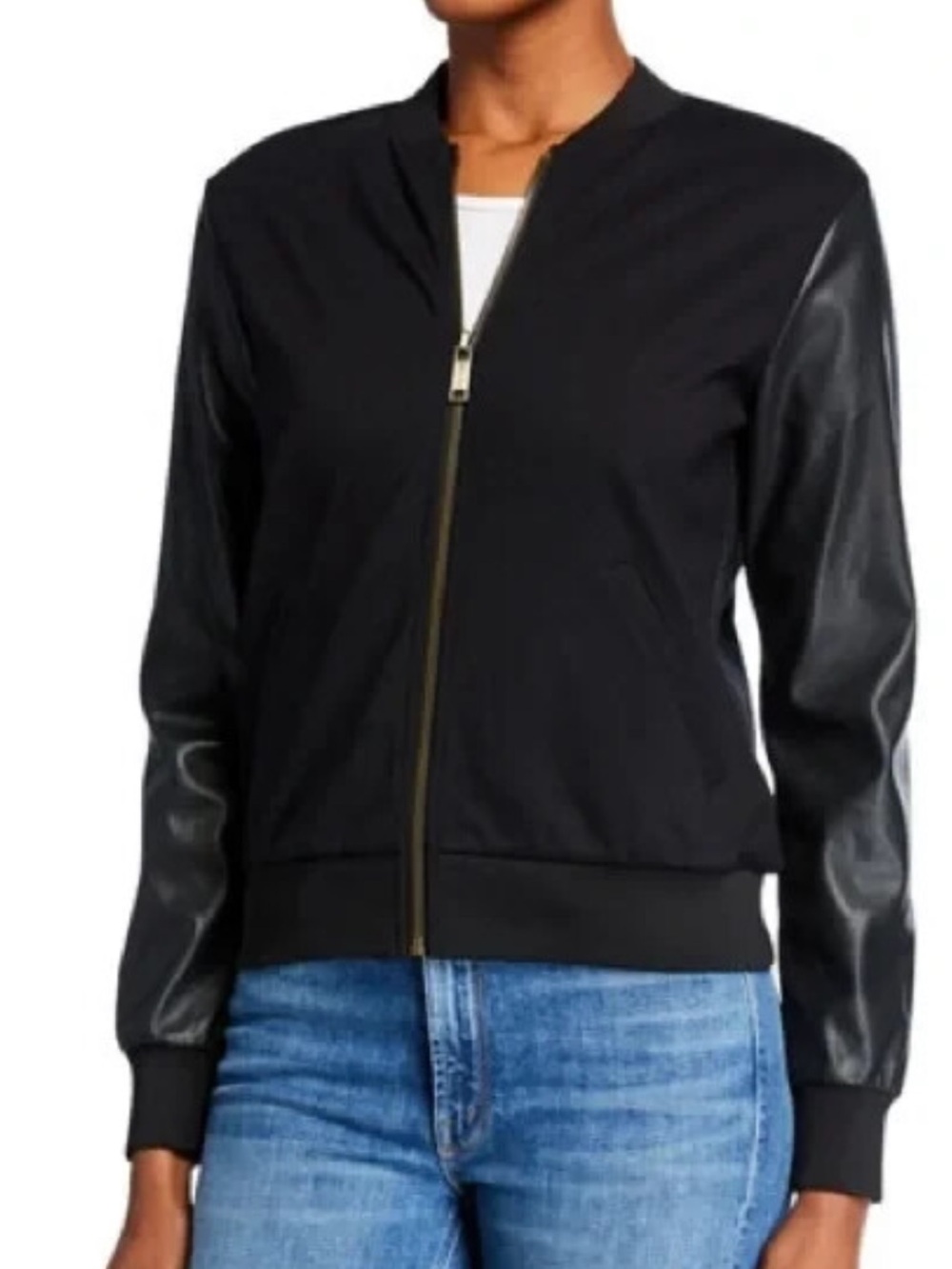 Michael Kors Black Bomber Jacket with Faux Leather Sleeves